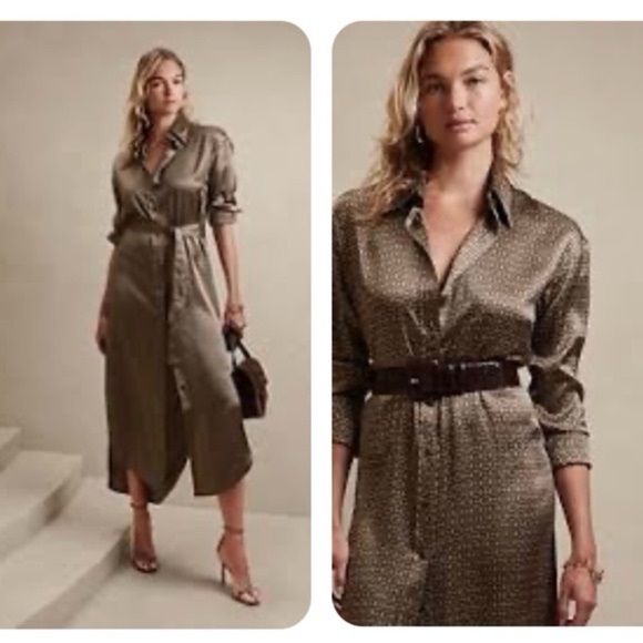 Banana Republic Muse Silk Maxi Shirt Dress Sz Small Geometric Print Long Sleeve - Picture 1 of 16